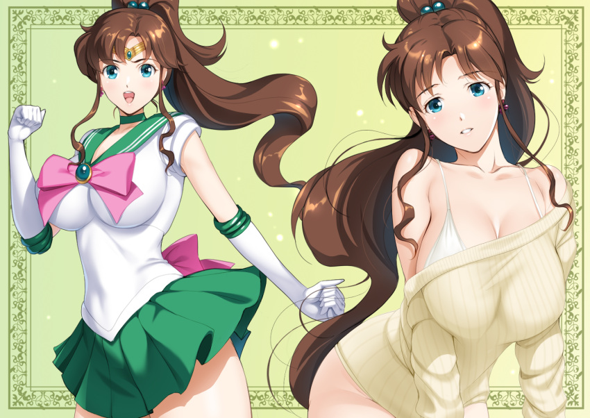 :d bishoujo_senshi_sailor_moon bow bra breasts brown_hair choker clothes_pull dragon@harry earrings elbow_gloves female gloves green_choker green_eyes green_sailor_collar green_skirt hair_bobbles hair_ornament hand_up jewelry kino_makoto long_hair looking_at_viewer magical_girl multiple_views open_mouth pink_bow ponytail sailor_collar sailor_jupiter sailor_senshi_uniform skirt smile standing sweater sweater_pull thighhighs tiara tongue underwear white_bra white_gloves yellow_sweater