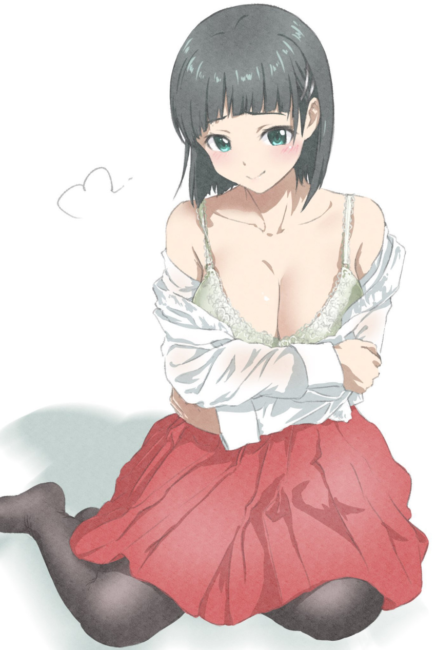 black_hair black_pantyhose blunt_bangs bob_cut bra breasts cleavage closed_mouth collarbone commentary_request female green_eyes hair_ornament hairclip hakama hakama_skirt highres japanese_clothes kirigaya_suguha large_breasts long_sleeves looking_at_viewer mitsugu off_shoulder pantyhose red_skirt shirt short_hair sitting skirt smile solo sword_art_online underwear white_background white_shirt yokozuwari