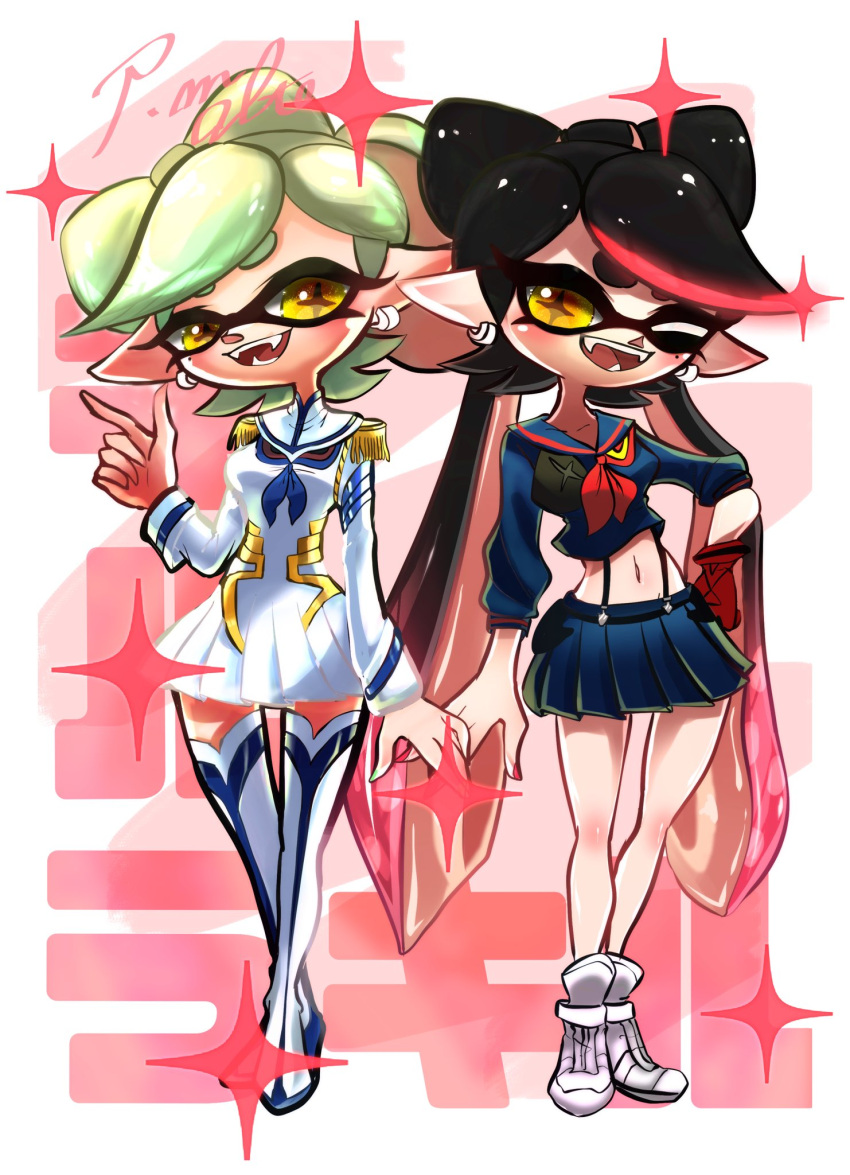 +_+ 2girls alternate_costume altoooooon callie_(splatoon) cosplay dress highres kill_la_kill kiryuuin_satsuki kiryuuin_satsuki_(cosplay) long_hair looking_at_viewer marie_(splatoon) matoi_ryuuko matoi_ryuuko_(cosplay) multiple_girls one_eye_closed splatoon_(series) tentacle_hair