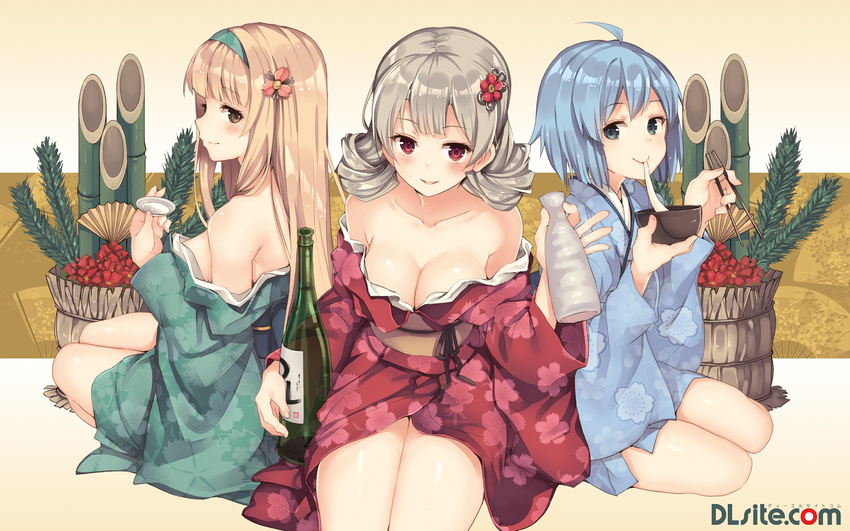 ahoge alcohol bangs banned_artist bare_shoulders blonde_hair blue_hair blunt_bangs blush bottle bowl breasts brown_eyes chopsticks cleavage collarbone dille_blood dlsite.com double_bun eating elle_sweet food food_in_mouth grey_hair hair_ornament highres holding japanese_clothes kadomatsu kimono long_hair looking_at_viewer medium_breasts mochi multiple_girls off_shoulder official_art paseri red_eyes sake sake_bottle seiza shiny shiny_hair short_hair sideboob sitting smile tokkuri wagashi wallpaper xi_lily