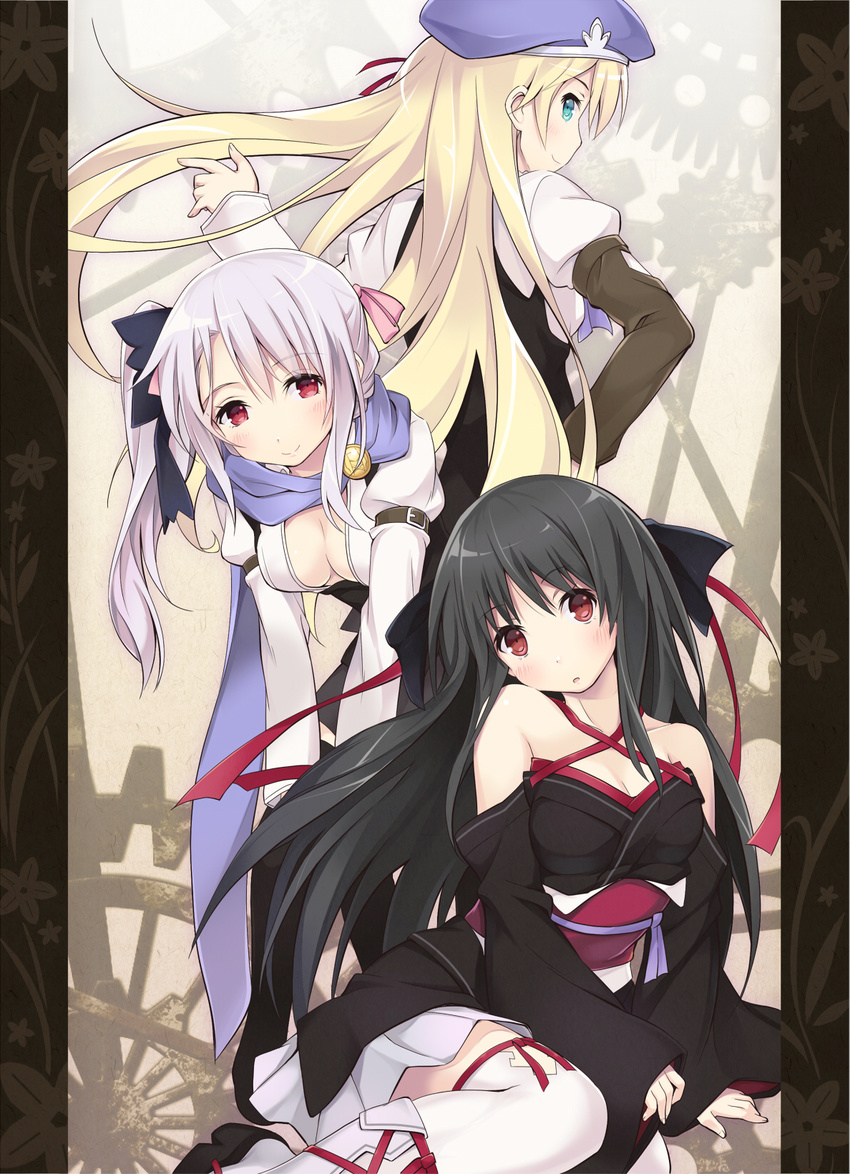 3girls bare_shoulders beret black_hair blonde_hair blue_eyes breasts charlotte_belew cleavage commentary_request criss-cross_halter detached_sleeves frey_(machine-doll) from_behind halterneck hat highres itoichi. japanese_clothes kimono light_purple_hair long_hair long_sleeves looking_at_viewer looking_back machine-doll_wa_kizutsukanai medium_breasts multiple_girls no_bra obi pillarboxed profile purple_scarf red_eyes sash scarf school_uniform short_hair side_ponytail sitting tassel thighhighs white_legwear yaya_(machine-doll) yokozuwari zettai_ryouiki