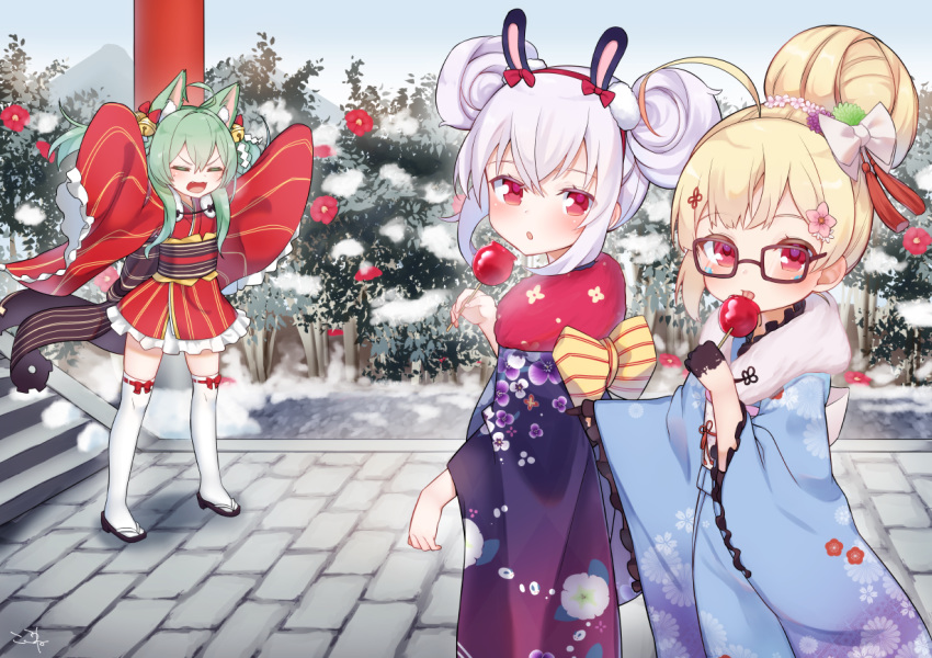 3girls :o akashi_(akashi's_in_the_red_nya!)_(azur_lane) akashi_(azur_lane) animal_ear_fluff animal_ears arms_up azur_lane bell black_footwear black_gloves blonde_hair blue_kimono blue_sky bow brown-framed_eyewear candy_apple cat_ears closed_eyes commentary_request day double_bun eldridge_(azur_lane) eldridge_(new_year's_outing)_(azur_lane) facial_mark floral_print flower food frilled_kimono frills fur_collar glasses gloves green_hair hair_bell hair_between_eyes hair_bun hair_ornament hairband hairbow half_gloves holding holding_food japanese_clothes jingle_bell kimono kokone_(coconeeeco) laffey_(azur_lane) laffey_(snow_rabbit_and_candy_apple)_(azur_lane) licking long_sleeves looking_at_viewer looking_to_the_side multiple_girls obi official_alternate_costume official_alternate_hairstyle open_mouth outdoors parted_lips pink_flower print_kimono rabbit_ears red_bow red_eyes red_flower red_hairband red_kimono ribbon-trimmed_thighhighs ribbon_trim sandals sash short_kimono sidelocks single_hair_bun sky sleeves_past_fingers sleeves_past_wrists stairs stone_stairs thighhighs tongue tongue_out v-shaped_eyebrows white_bow white_hair white_thighhighs wide_sleeves zouri