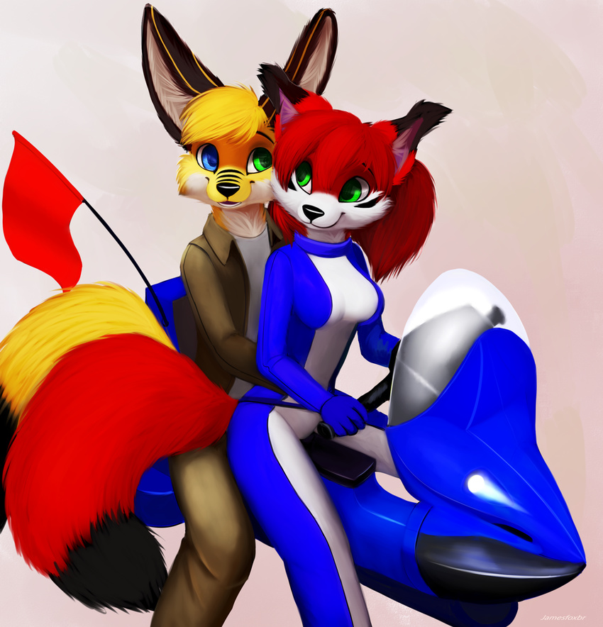 2014 anthro bicycle canid canine clothing duo female fennec_fox fox fur green_eyes hair hi_res jamesfoxbr jully male male/female malfurim mammal motorcycle red_body red_fur simple_background smile true_fox vehicle yellow_body yellow_fur