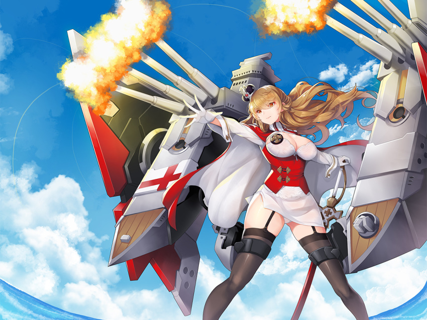 black_thighhighs breasts brown_eyes brown_hair cannon commentary_request crown day explosion female garter_straps gloves hair_between_eyes hand_on_hilt king_george_v_(warship_girls_r) koflif large_breasts long_sleeves machinery mini_crown outdoors pencil_skirt photoshop_(medium) sidelocks skirt sky solo standing thighhighs turret warship_girls_r white_gloves