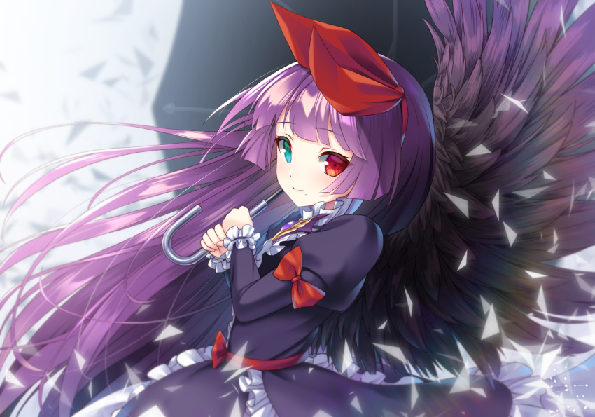 amduscias_(megido72) bettle_(b_s_a_n) black_dress blue_eyes blunt_bangs bow commentary_request dress female hairbow heterochromia highres holding holding_umbrella juliet_sleeves long_hair long_sleeves looking_at_viewer megido72 over_shoulder puffy_sleeves purple_hair red_eyes signature solo umbrella wings