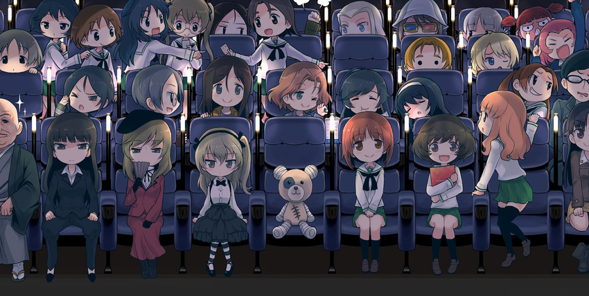 2boys 3d_glasses 6+girls aki_(girls_und_panzer) akiyama_yukari angry annotated azumi_(girls_und_panzer) black_hair blonde_hair blue_headwear boko_(girls_und_panzer) brown_hair chi-hatan_military_uniform chouno_ami clara_(girls_und_panzer) commentary_request darjeeling_(girls_und_panzer) fume girls_und_panzer glasses hat heterochromatic_eyewear isuzu_hana kadotani_anzu katyusha_(girls_und_panzer) kodama_shichirou long_hair maruyama_saki megumi_(girls_und_panzer) mika_(girls_und_panzer) mikko_(girls_und_panzer) military military_uniform multiple_boys multiple_girls nishi_kinuyo nishizumi_miho nishizumi_shiho nonna_(girls_und_panzer) ooarai_school_uniform oono_aya orange_pekoe_(girls_und_panzer) red_hair reizei_mako rosehip_(girls_und_panzer) rumi_(girls_und_panzer) saiguchi_otoufu sakaguchi_karina sawa_azusa school_uniform serafuku shimada_arisu shimada_chiyo short_hair takebe_saori theater theater_seating tsuji_renta tulip_hat twintails uniform utsugi_yuuki yamagou_ayumi