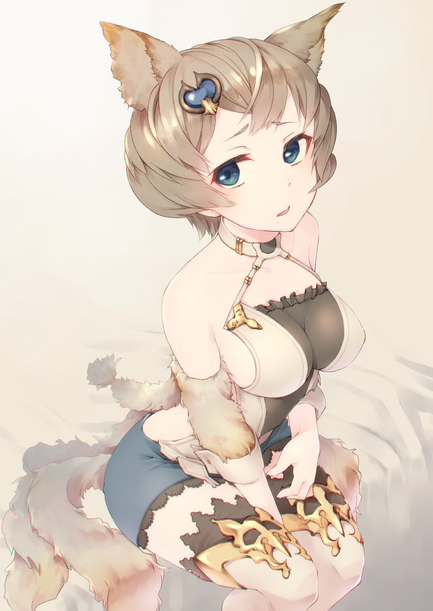 animal_ears arm_warmers backless_outfit bare_shoulders bed bed_sheet between_legs blue_eyes blue_shorts breasts commentary_request criss-cross_halter detached_sleeves erune female from_above frostone granblue_fantasy hair_ornament halterneck hand_between_legs hand_on_leg highres large_breasts light_brown_hair looking_at_viewer mole mole_under_mouth multiple_tails short_hair shorts sideboob sitting solo sutera_(granblue_fantasy) tail thighhighs white_thighhighs