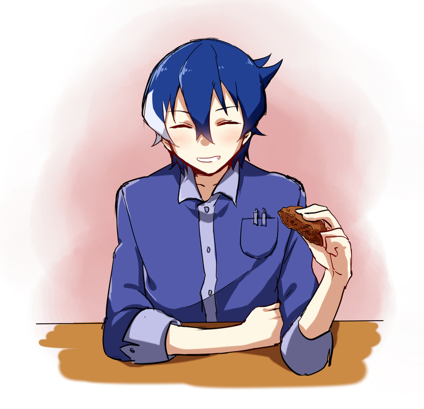 1boy akiba's_trip akiba's_trip_the_animation arm_rest blue_hair blue_shirt closed_eyes commentary_request denkigai_tamotsu facing_viewer funkunsan male_focus multicolored_hair pov_across_table shirt sleeves_rolled_up smile solo streaked_hair table upper_body