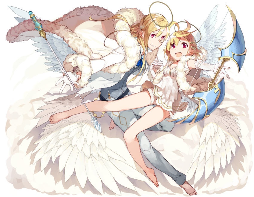 1boy angel angel_wings babydoll bare_shoulders barefoot blonde_hair blue_ribbon blush bow_(weapon) coat commentary_request elbow_gloves feather_boa feathered_wings female frills fugou_arthur full_body fur-trimmed_coat fur_trim gloves grey_pants grey_vest hair_between_eyes hair_ornament hairclip halo holding holding_bow_(weapon) holding_hands holding_wand holding_weapon jacket kai-ri-sei_million_arthur light_blush long_hair looking_at_viewer million_arthur_(series) monocle multiple_wings neck_ribbon open_hand open_mouth pants parted_lips partial_commentary red_eyes ribbon shirt short_hair shorts smile touzoku_arthur usalxlusa vest wand weapon white_babydoll white_background white_coat white_gloves white_jacket white_shirt white_shorts white_wings wings