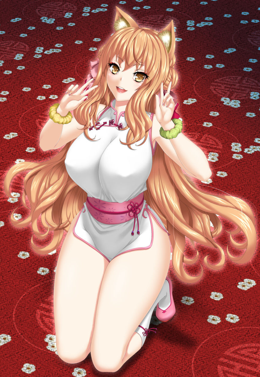 animal_ear_fluff animal_ears bare_shoulders blush breasts china_dress chinese_clothes double_w dress fate/extra fate/extra_ccc fate/extra_ccc_fox_tail fate_(series) female fox_ears fox_girl giruba hair_between_eyes hair_ribbon highres kneehighs kneeling large_breasts light_brown_hair long_hair looking_at_viewer obi open_mouth pink_footwear ribbon sash scrunchie short_dress side_slit smile socks solo suzuka_gozen_(fate) thighs w white_dress white_socks wrist_scrunchie yellow_eyes