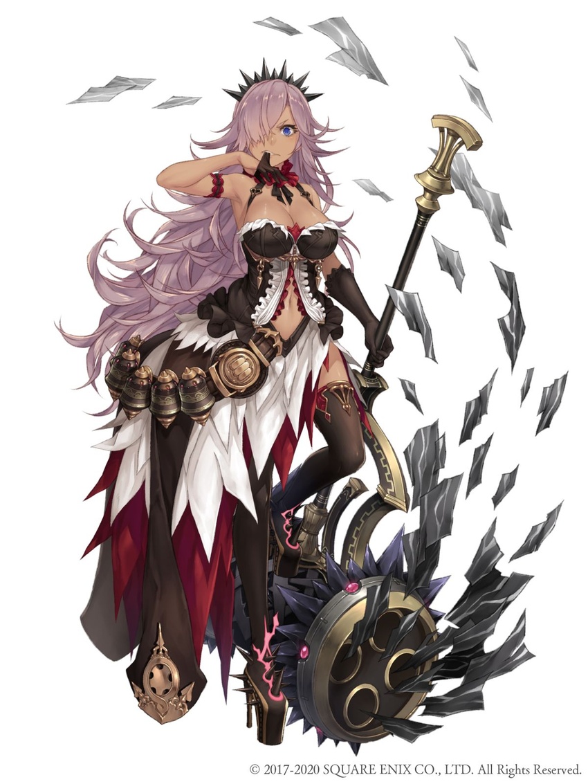 adjusting_clothes adjusting_gloves armlet asymmetrical_clothes blue_eyes boots breasts canister cinderella_(sinoalice) dark-skinned_female dark_skin female frills frown full_body gloves hair_over_one_eye hammer high_heels highres ji_no large_breasts long_hair looking_at_viewer navel official_art platform_footwear purple_hair sinoalice solo square_enix thigh_boots thighhighs white_background