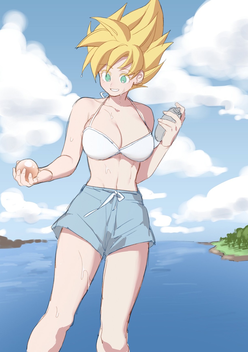 bare_arms bikini bikini_top_only blonde_hair blue_sky breasts cleavage dragon_ball dragon_ball_(object) dragon_ball_z dragon_radar female fuka_(kirrier) genderswap_(mtf) green_eyes grin highres holding lake large_breasts outdoors rule_63 shorts sky smile solo son_goku spiked_hair super_saiyan super_saiyan_1 swimsuit wet wet_hair white_bikini