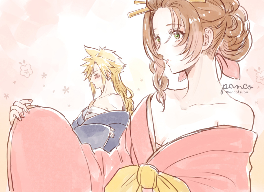 1boy aerith_gainsborough alternate_costume ancotsubu bandaged_chest bare_shoulders blonde_hair blush breasts brown_hair cleavage closed_eyes cloud_strife crossdressing female final_fantasy final_fantasy_vii final_fantasy_vii_remake green_eyes grey_kimono hair_ornament hair_ribbon hair_stick hair_up highres japanese_clothes kimono long_hair long_sleeves medium_breasts parted_bangs pink_kimono pink_ribbon protected_link ribbon single_sidelock spiked_hair sweatdrop twitter_username upper_body wide_sleeves