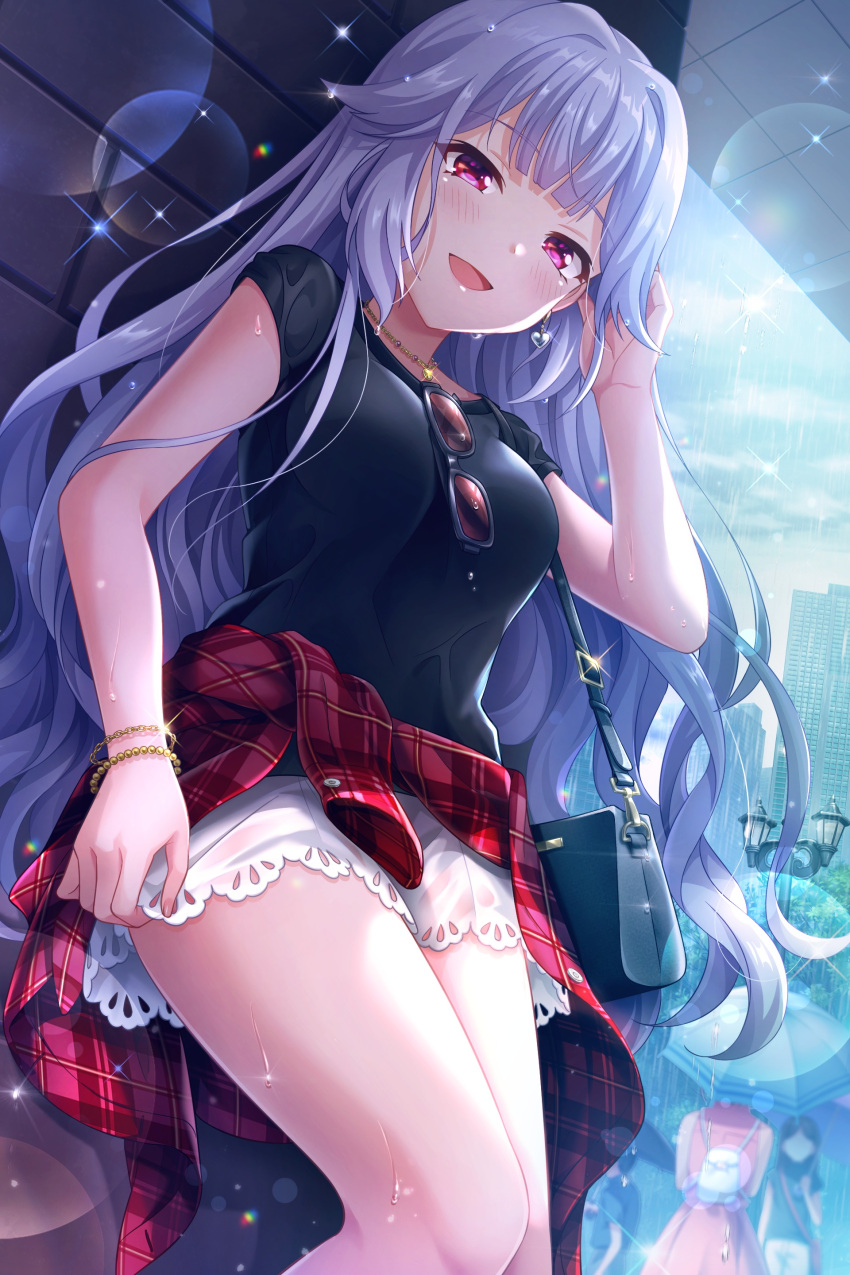 absurdres alternative_girls bag black_shirt bracelet earrings female glasses grey_hair handbag heart heart_earrings highres jewelry long_hair looking_at_viewer necklace official_art open_mouth outdoors rain red_eyes shirt short_sleeves smile solo_focus standing thighs usui_miyuki