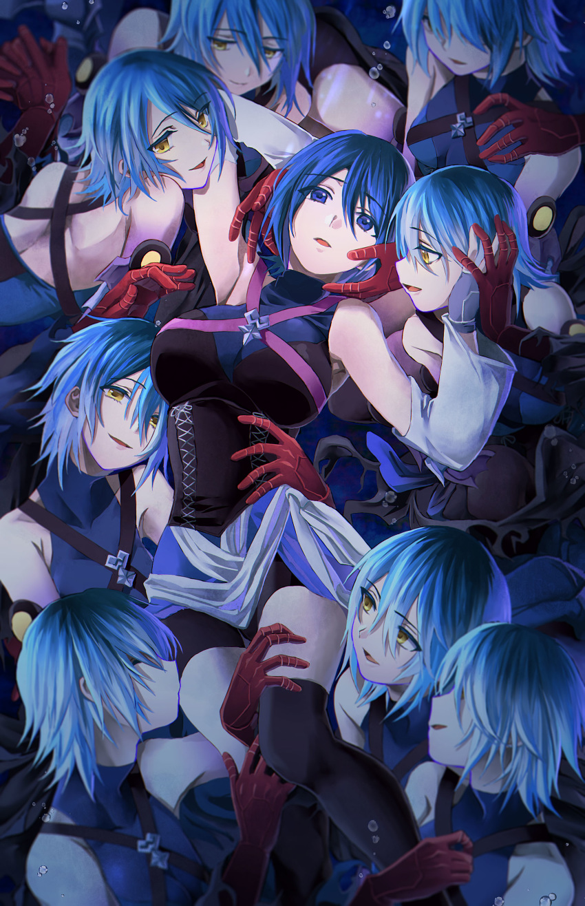 6+girls absurdres air_bubble anti-aqua aqua_(kingdom_hearts) arm_around_waist arm_up armpits black_legwear blue_eyes blue_hair breasts bubble detached_sleeves evil_smile grabbing hair_over_eyes highres holding_hands kingdom_hearts kingdom_hearts_iii kissing_thigh large_breasts looking_at_another looking_at_viewer maimai_melc multiple_girls multiple_persona selfcest short_shorts shorts smile thigh_grab thighhighs underwater yellow_eyes yuri