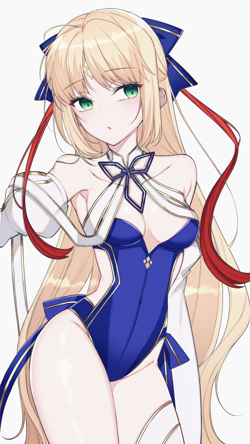 absurdres ahoge artoria_caster_(fate) artoria_caster_(swimsuit)_(fate) artoria_caster_(swimsuit)_(third_ascension)_(fate) artoria_pendragon_(fate) bare_shoulders blonde_hair blue_bow blue_one-piece_swimsuit blue_ribbon bow breasts casual_one-piece_swimsuit diamond_(shape) fate/grand_order fate_(series) female green_eyes hair_between_eyes hairbow highres long_hair long_sleeves mati5572 one-piece_swimsuit ornament red_hair ribbon small_breasts solo swimsuit twintails white_ribbon