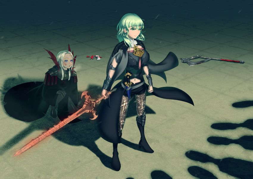 2girls arm_guards armlet armor blue_eyes bodice boots breasts broken_mask brown_pantyhose bustier byleth_(female)_(fire_emblem) byleth_(fire_emblem) capelet cloak clothing_cutout edelgard_von_hresvelg enlightened_byleth_(female) fire_emblem fire_emblem:_three_houses flame_emperor floral_print high_heel_boots high_heels lace-trimmed_legwear lace_trim mask midriff multiple_girls navel_cutout pantyhose pantyhose_under_shorts patterned_legwear print_pantyhose protecting purple_eyes serious shadow shorts shoulder_armor spoilers sword sword_of_the_creator tassel tenchi666 turtleneck vambraces waist_cape weapon white_hair