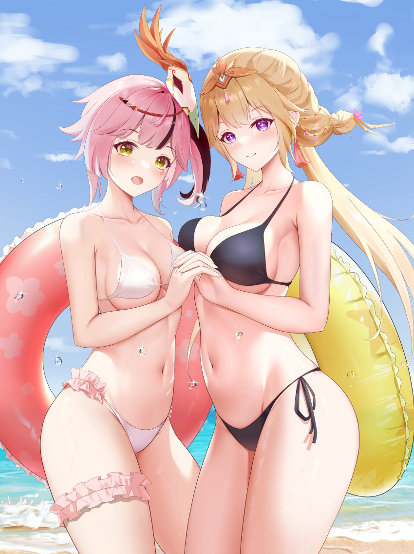 2girls absurdres alternate_costume bare_arms bare_shoulders beach bikini bird_mask black_bikini blonde_hair breasts bridal_garter cleavage closed_mouth commentary_request cowboy_shot day feise_(tower_of_fantasy) frilled_bikini frills green_eyes halterneck highres holding_hands innertube lan_(tower_of_fantasy) large_breasts long_hair looking_at_viewer mask mask_on_head medium_breasts multicolored_hair multiple_girls navel open_mouth outdoors pink_hair purple_eyes side-tie_bikini_bottom side_ponytail skindentation smile standing stomach streaked_hair string_bikini swim_ring swimsuit tiara tower_of_fantasy twintails wet white_bikini xiatian