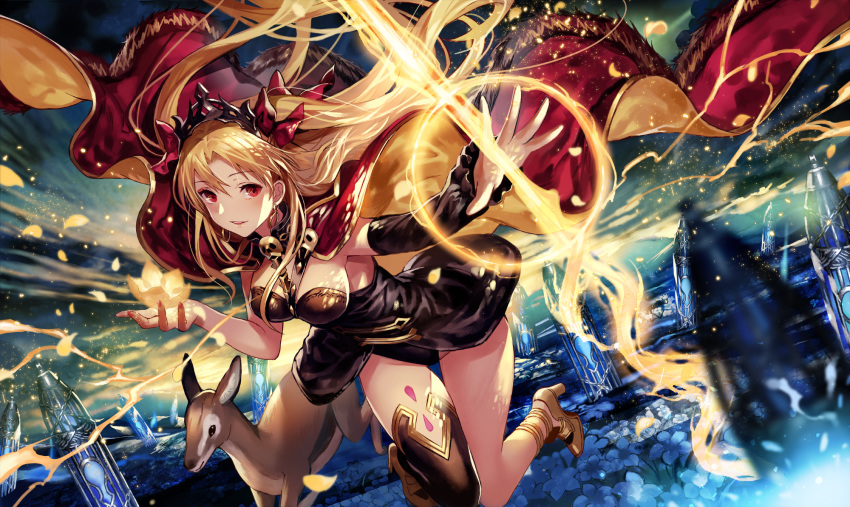 animal artist_name asymmetrical_legwear asymmetrical_sleeves between_breasts birdcage black_thighhighs blonde_hair blue_fire blue_flower breasts cage chains cloak closed_mouth commentary_request deer detached_sleeves earrings energy energy_weapon ereshkigal_(fate) fate/grand_order fate_(series) female fire floating_cape floating_clothes flower fur-trimmed_cloak fur_trim glowing glowing_flower gold_footwear hair_ribbon highres jewelry knees_together_feet_apart light_smile long_sleeves looking_at_viewer medium_breasts meslamtaea_(weapon) open_hand outstretched_arm parted_bangs parted_lips petals reaching red_cloak red_eyes red_ribbon ribbon single_bare_leg single_detached_sleeve single_thighhigh skull_ornament solo spread_fingers strap terai_(teraimorimori) thighhighs tiara two-sided_cloak two-sided_fabric two_side_up underworld yellow_cloak yellow_flower