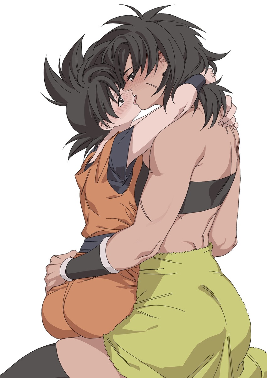 2girls arms_around_neck ass black_eyes black_hair black_thighhighs black_tube_top broly_(dragon_ball_super) dark-skinned_female dark_skin dougi dragon_ball dragon_ball_super eye_contact french_kiss fuka_(kirrier) genderswap_(mtf) hand_on_another's_waist highres kissing looking_at_another multiple_girls pelt rule_63 scar scar_on_arm scar_on_cheek scar_on_face son_goku spiked_hair strapless thighhighs tube_top yuri