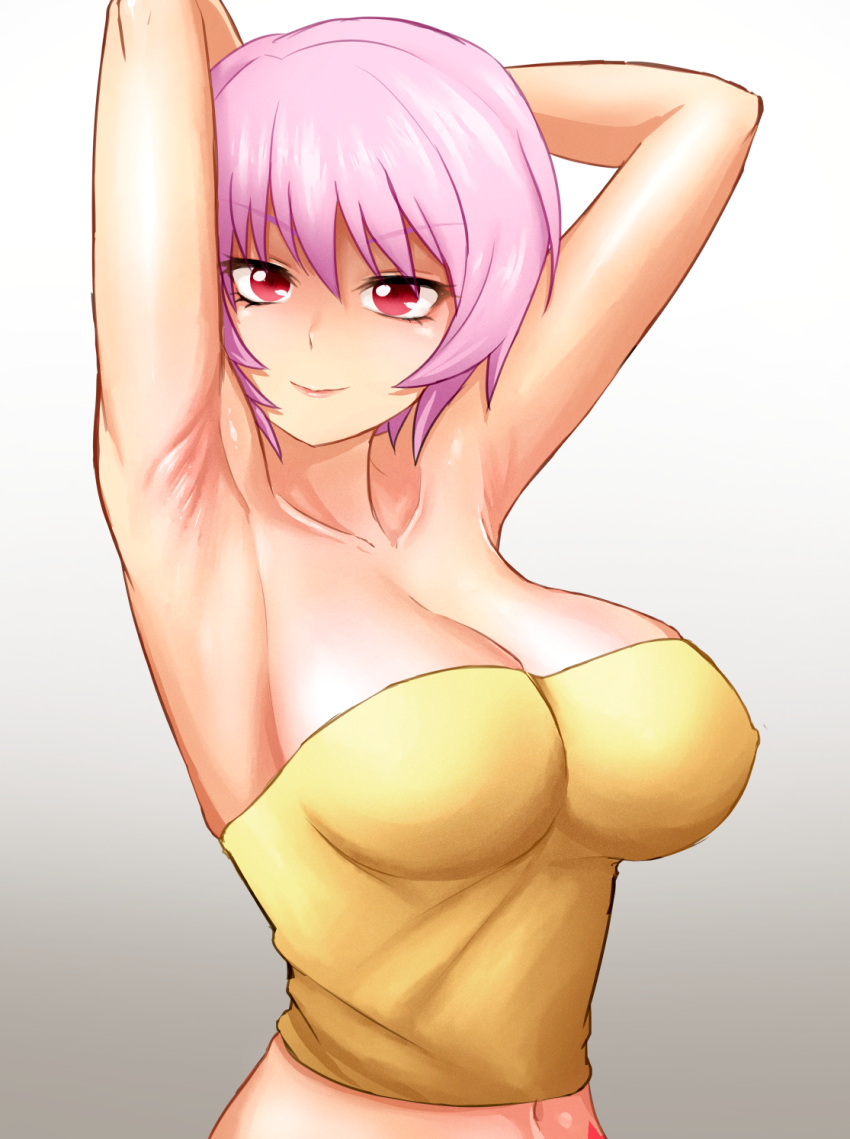 armpit_focus armpits arms_behind_head arms_up bare_shoulders breasts cleavage closed_mouth collarbone crop_top female gradient_background hair_between_eyes highres higurashi_no_naku_koro_ni impossible_clothes large_breasts long_bangs looking_at_viewer mamiya_rina midriff minorchara narrow_waist navel pink_hair pink_lips posing presenting_armpit red_eyes short_hair sidelocks simple_background skin_tight smile solo strapless tube_top white_background