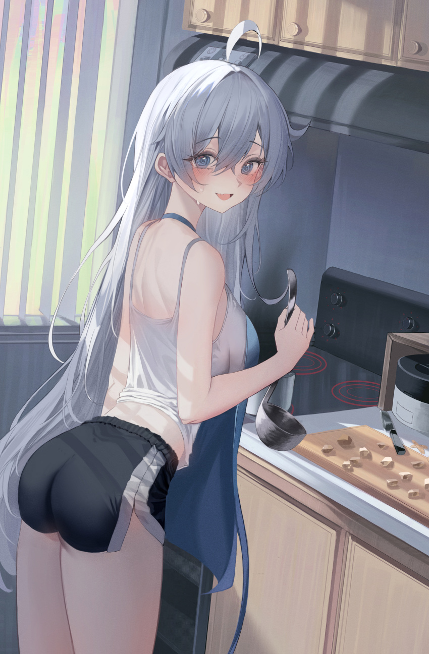 @_@ absurdres ahoge alternate_costume ass black_shorts blue_eyes breasts camisole curtains dolphin_shorts female hair_between_eyes highres holding holding_ladle honkai_(series) honkai_impact_3rd indoors jinnnnnn23 kiana_kaslana kitchen ladle long_hair looking_at_viewer medium_breasts open_mouth shorts solo sweatdrop thighs white_camisole white_hair