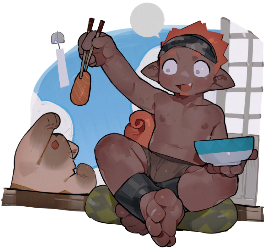 1boy arknights bowl brown_shorts bulge chameleon_boy chameleon_tail chopsticks cloud dark_skin english_commentary ethan_(arknights) feline highres holding holding_bowl holding_chopsticks indian_style looking_at_animal lqqq male_focus nipples oerba_yun_fang open_mouth orange_hair orange_tail pointy_ears salmon shorts shouji sitting sky sliding_doors tail topless_male whiskers wind_chime