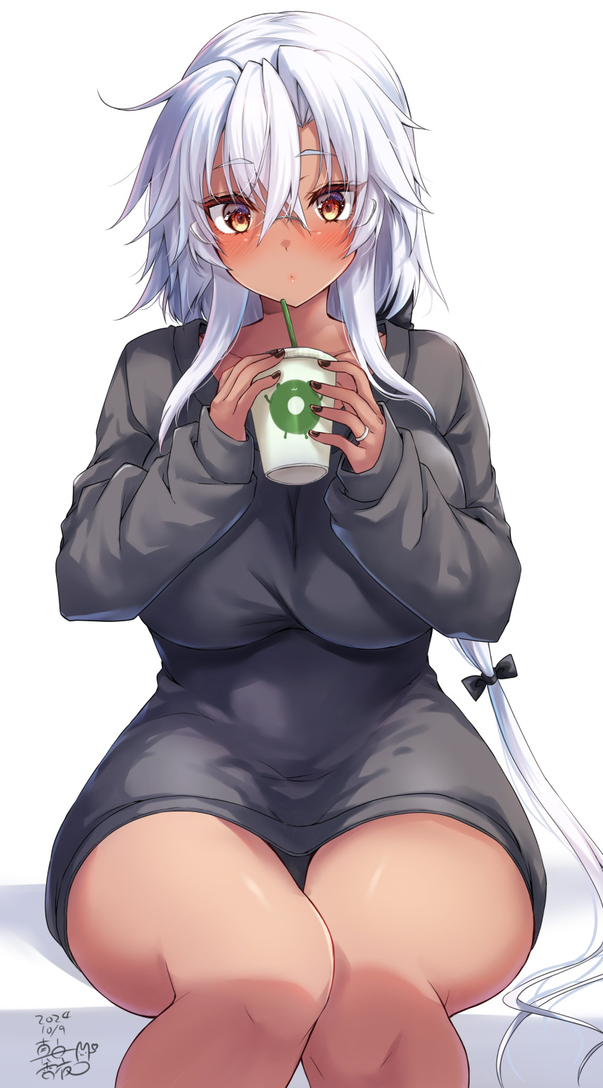 absurdres alternate_costume black_nails black_sweater breasts brown_eyes cup dark-skinned_female dark_skin disposable_cup drinking_straw female glasses grey-framed_eyewear grey_hair hair_between_eyes highres holding holding_cup huge_breasts jewelry kantai_collection long_hair long_sleeves mashiro_yukiya musashi_(kancolle) musashi_kai_ni_(kancolle) rectangular_eyewear ring semi-rimless_eyewear sitting solo sweater twintails very_long_hair wedding_ring