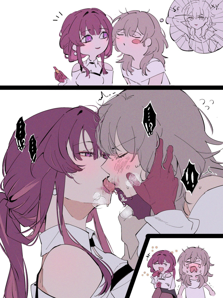 >_< 2girls blush closed_eyes closed_mouth clothing_cutout collared_shirt commentary_request cosmetics d0600059994959 earrings french_kiss gloves grey_hair hands_on_another's_face highres holding holding_lipstick_tube honkai:_star_rail honkai_(series) imagining jewelry kafka_(honkai:_star_rail) kissing korean_commentary lipstick_tube long_hair looking_at_another multiple_girls puckered_lips purple_eyes purple_gloves purple_hair shirt shoulder_cutout simple_background smile stelle_(honkai:_star_rail) thought_bubble tongue tongue_out trailblazer_(honkai:_star_rail) white_background white_shirt yuri