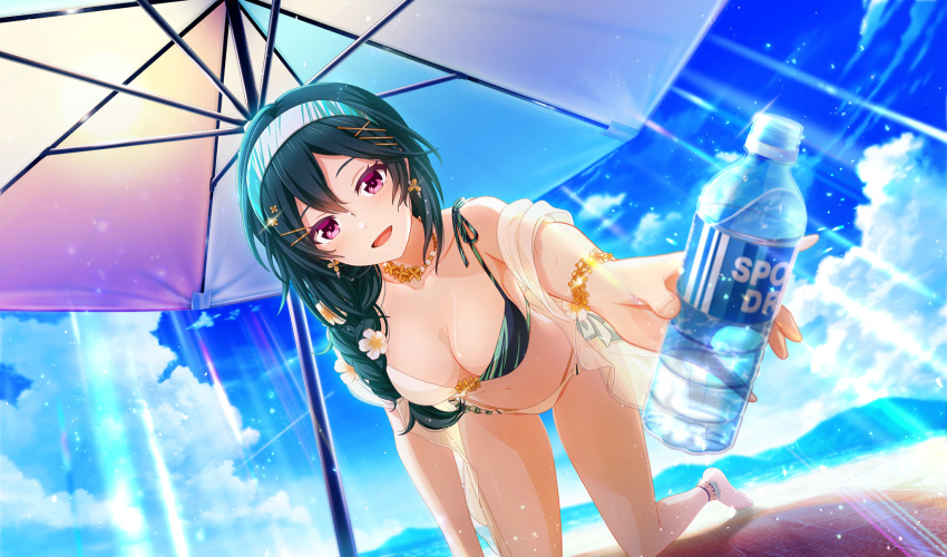 :d barefoot beach beach_umbrella bikini blurry blush bottle braid breasts cinderella_series cleavage cloud collarbone contrail cumulonimbus_cloud depth_of_field dutch_angle female film_grain from_below game_cg green_hair green_hairband hachigatsu_no_cinderella_nine hair_ornament hairband hairclip highres hiiragi_kotoha holding holding_bottle incoming_drink kneeling leaning_forward lens_flare light_particles light_rays long_hair looking_at_viewer multicolored_bikini multicolored_clothes navel non-web_source ocean official_alternate_hairstyle official_art open_mouth outdoors plastic_bottle purple_eyes reaching reaching_towards_viewer side_braid sky smile solo string_bikini sunbeam sunlight swimsuit umbrella