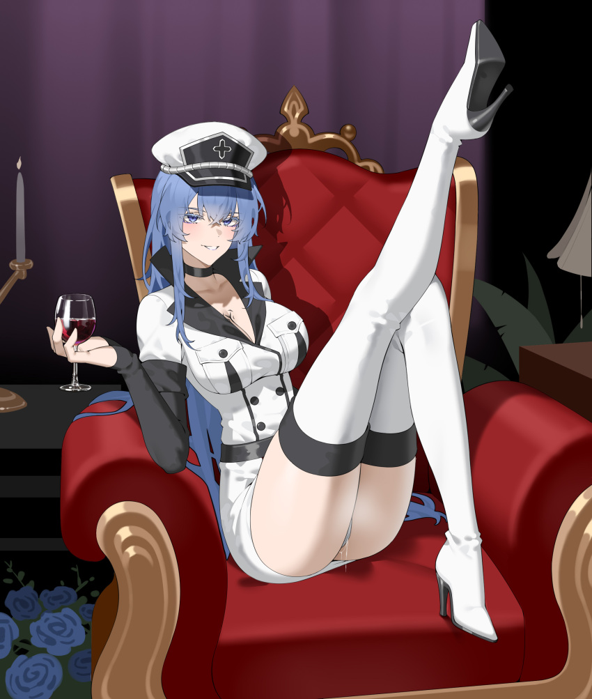 absurdres akame_ga_kill! blue_eyes blue_hair blush boots breasts chest_tattoo choker cleavage cup esdeath female hat highres holding holding_cup indoors large_breasts leg_up long_hair looking_at_viewer military military_hat military_uniform panties peaked_cap sitting smile solo tattoo thigh_boots thighhighs underwear very_long_hair white_panties wsfw