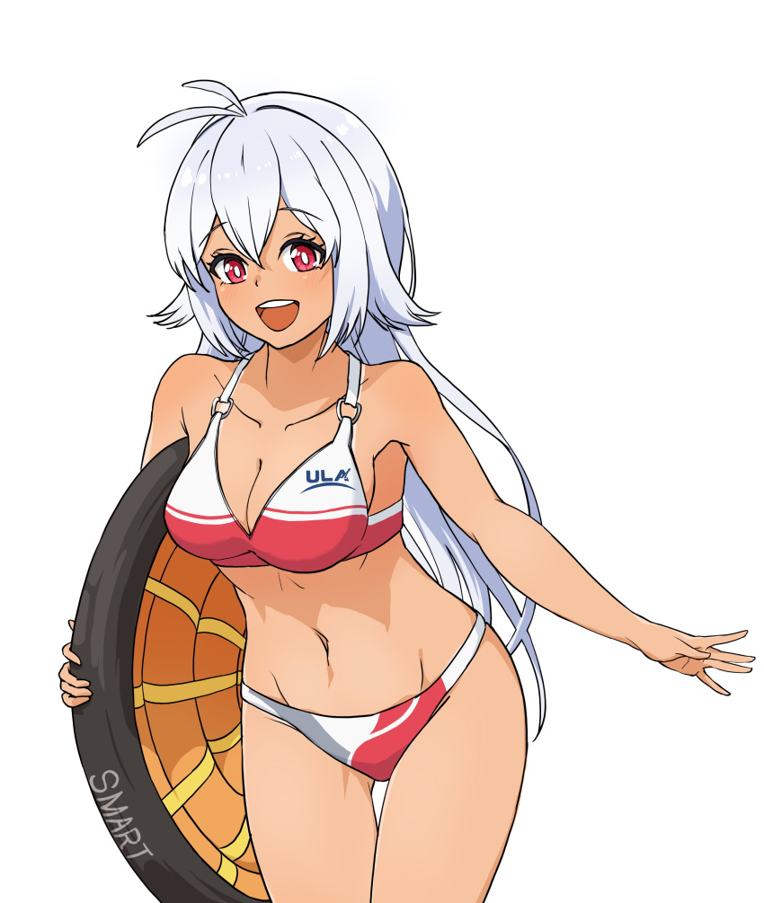 absurdres ahoge bare_shoulders bikini breasts cleavage collarbone cowboy_shot highres holding inflatable_raft leaning_forward long_hair navel original outstretched_arm print_bikini red_eyes sbarky38 sidelocks simple_background smile standing swimsuit teeth thighs united_launch_alliance upper_teeth_only vulcan_(sbarky) white_background white_hair