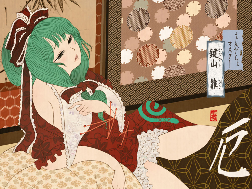 bow character_name cloritin dress female front_ponytail green_eyes green_hair indoors kagiyama_hina nihonga print_dress red_bow red_dress red_ribbon ribbon solo thighs touhou ukiyo-e