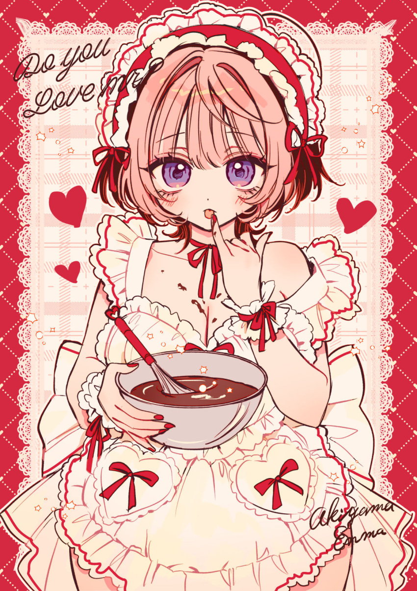 akiyama_enma apron artist_name black_hair bowl breasts chocolate chocolate_on_body choker cleavage eating english_text female food food_on_body frilled_apron frilled_hairband frills hairband heart highres holding holding_bowl holding_food lace_background large_breasts licking licking_finger looking_at_viewer multicolored_hair nail_polish naked_apron noa-senpai_wa_tomodachi. pink_hair plaid_background purple_eyes red_nails red_theme ribbon ribbon_choker saotome_noa short_hair sleeve_cuffs solo two-tone_hair wide_hips