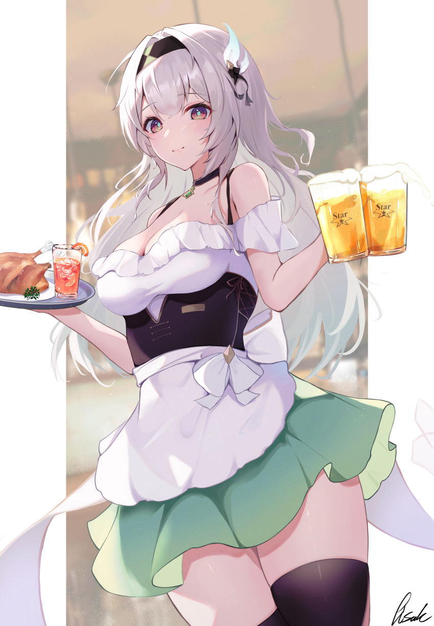 absurdres alcohol alternate_costume apron armpit_crease bar_(place) bare_shoulders beer beer_glass bird black_corset black_hairband black_ribbon black_thighhighs breasts chicken cleavage closed_mouth collarbone commentary corset cup drinking_glass female firefly_(honkai:_star_rail) food fruit green_pupils green_skirt hair_between_eyes hair_ribbon hairband highres holding holding_cup holding_tray honkai:_star_rail honkai_(series) indoors large_breasts lemon lemon_slice lemonade long_hair looking_at_viewer orange_eyes outside_border pillarboxed pisuke_(user_kcmh2774) ribbon signature skirt smile solo thighhighs thighs tray very_long_hair waist_apron white_apron zettai_ryouiki