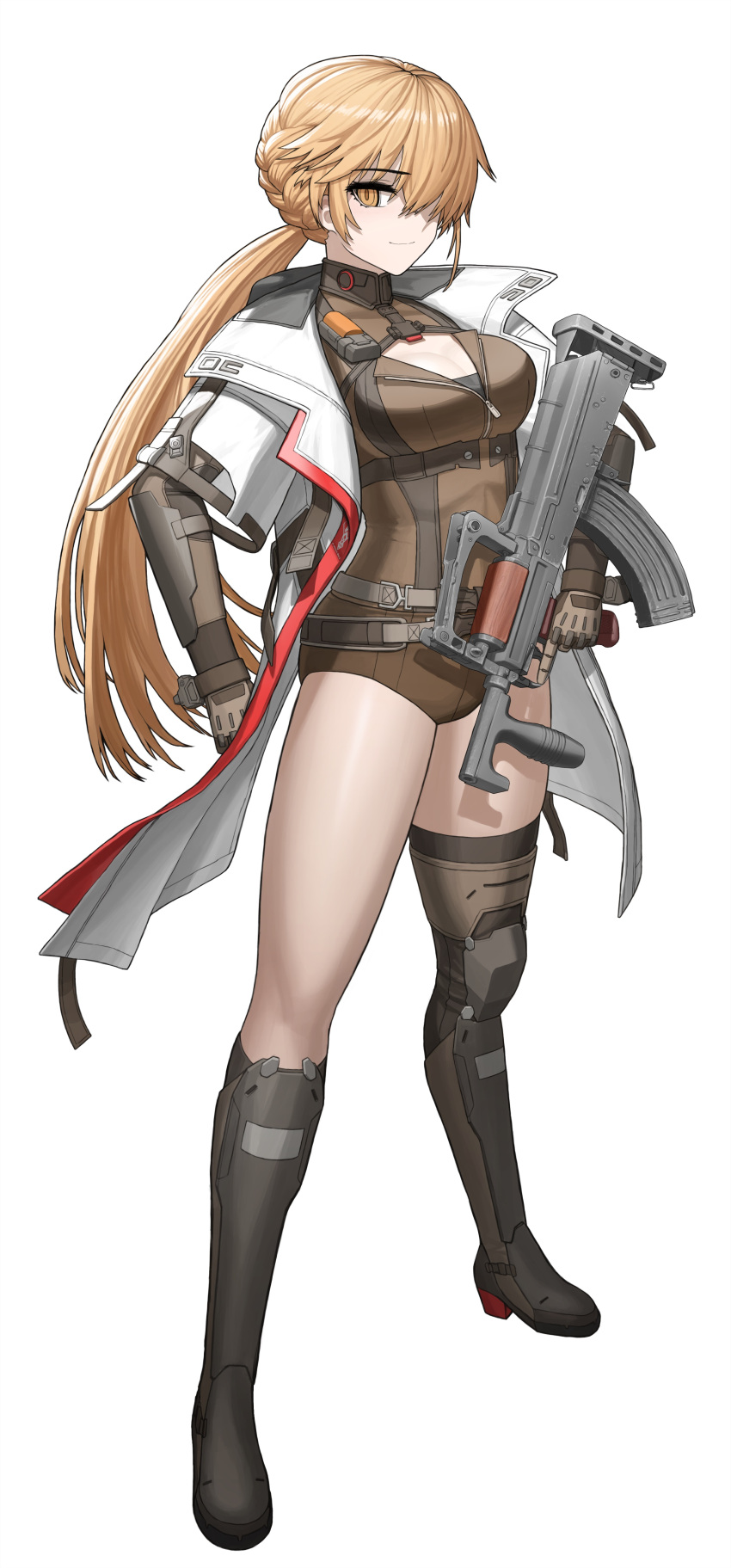 absurdres assault_rifle asymmetrical_footwear blonde_hair breasts brown_shorts bullpup cheogtanbyeong cleavage closed_mouth coat english_commentary female full_body girls'_frontline girls'_frontline_2:_exilium gun highres holding holding_gun holding_weapon long_hair looking_at_viewer one_eye_covered open_clothes open_coat ots-14_(girls'_frontline) ots-14_groza ponytail rifle short_shorts shorts simple_background smile solo trigger_discipline weapon white_background white_coat yellow_eyes