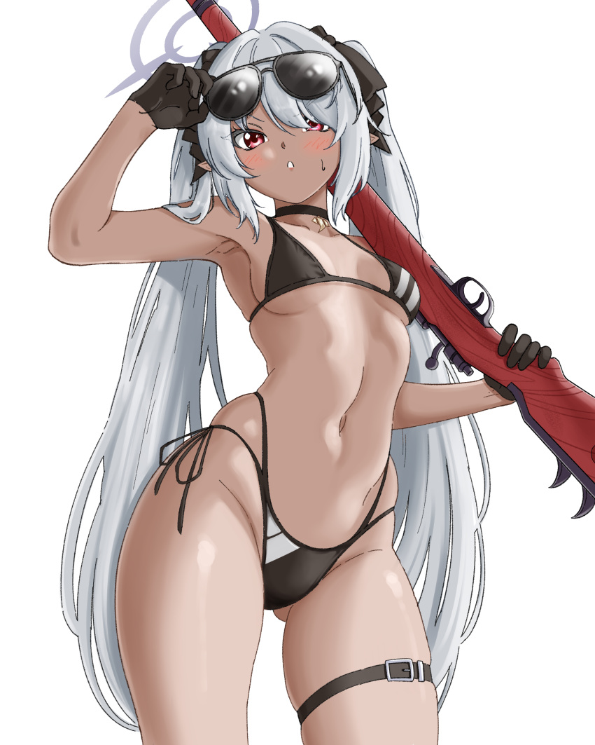 absurdres ass_visible_through_thighs belt bikini black_belt black_bikini black_gloves blue_archive bolt_action breasts commentary dark-skinned_female dark_skin eyewear_on_head female gloves grey_halo gun halo highres holding holding_gun holding_weapon iori_(blue_archive) iori_(swimsuit)_(blue_archive) long_hair looking_at_viewer mauser_98 medium_breasts navel official_alternate_costume parabi rifle simple_background solo sunglasses swimsuit thigh_belt thigh_strap twintails very_long_hair weapon white_background white_hair