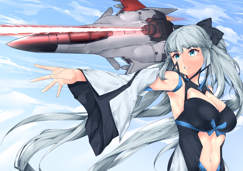 absurdres ace_combat ace_combat_zero adfx-02_morgan aircraft airplane armpits black_bow blue_eyes bow braid breasts cleavage clothing_cutout cloud cloudy_sky commentary detached_sleeves english_commentary fate/grand_order fate_(series) female fighter_jet firing half_up_braid highres jet kaicchi large_breasts laser midriff military military_vehicle morgan_le_fay_(fate) name_connection navel outstretched_arm platinum_blonde_hair sky stomach_cutout upper_body