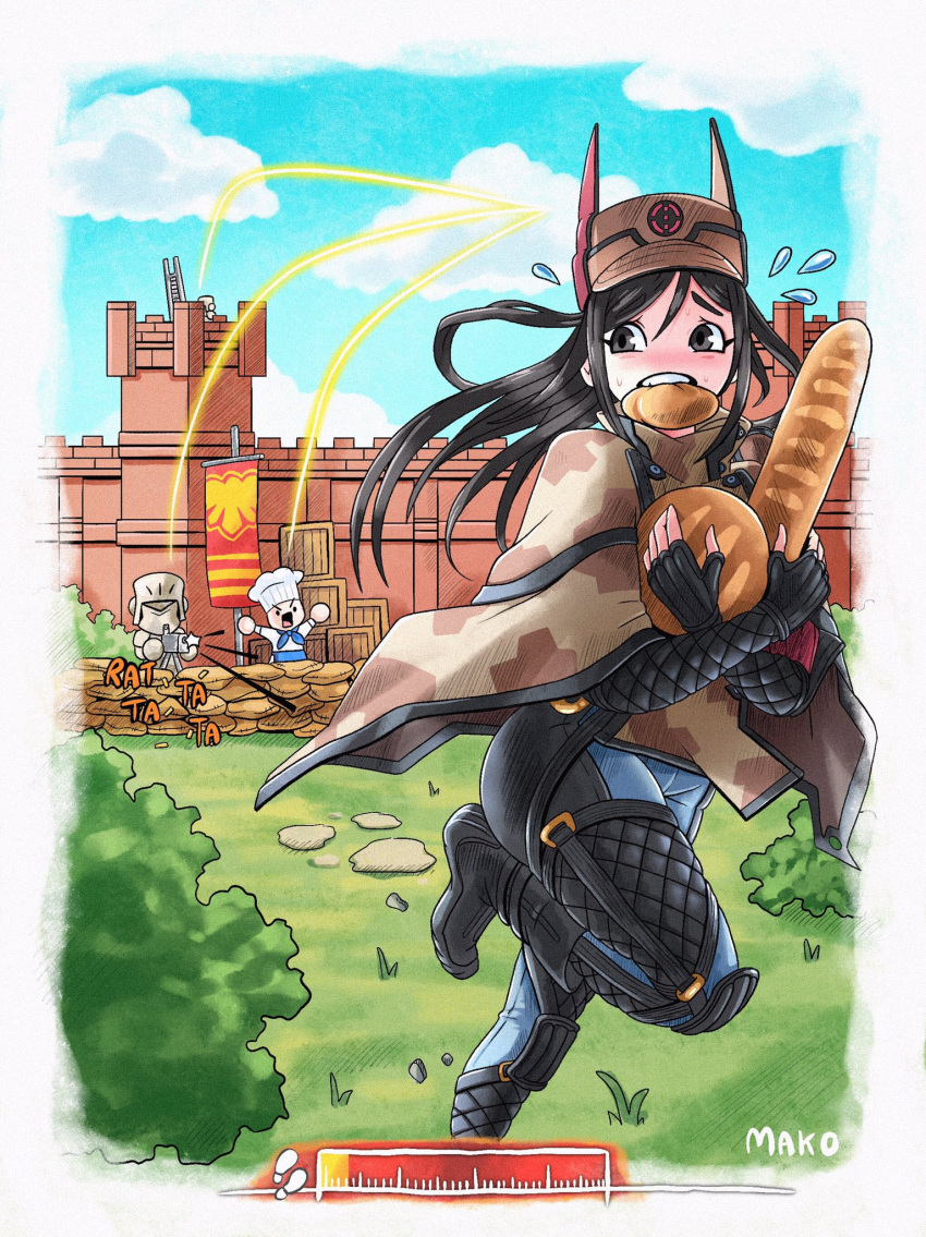 black_hair boots bread bush chef chef_hat cloud female fingerless_gloves firing flag food gameplay_mechanics gloves gun hat highres kai_schren long_hair machine_gun makodoodles military military_uniform mortar_(weapon) mouth_hold pants ponytail sandbag senjou_no_valkyria_(series) senjou_no_valkyria_4 sky soldier uniform wall weapon