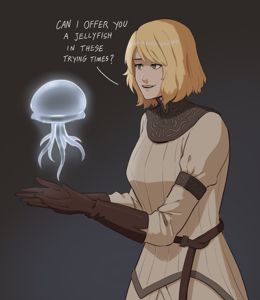 :d aurelia_(elden_ring) blonde_hair bob_cut brown_gloves dress elden_ring english_text female francisco_mon gloves green_eyes grey_dress highres it's_always_sunny_in_philadelphia jellyfish meme parody parted_lips roderika_(elden_ring) smile solo