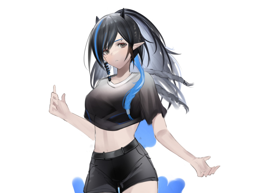 arknights black_eyes black_hair black_shirt black_shorts blacknight_(arknights) blue_hair commentary cowboy_shot crop_top crop_top_overhang eugle_na female head_tilt highres horns long_hair looking_at_viewer midriff multicolored_hair navel pointy_ears ponytail shirt short_shorts shorts solo standing stomach streaked_hair unfinished