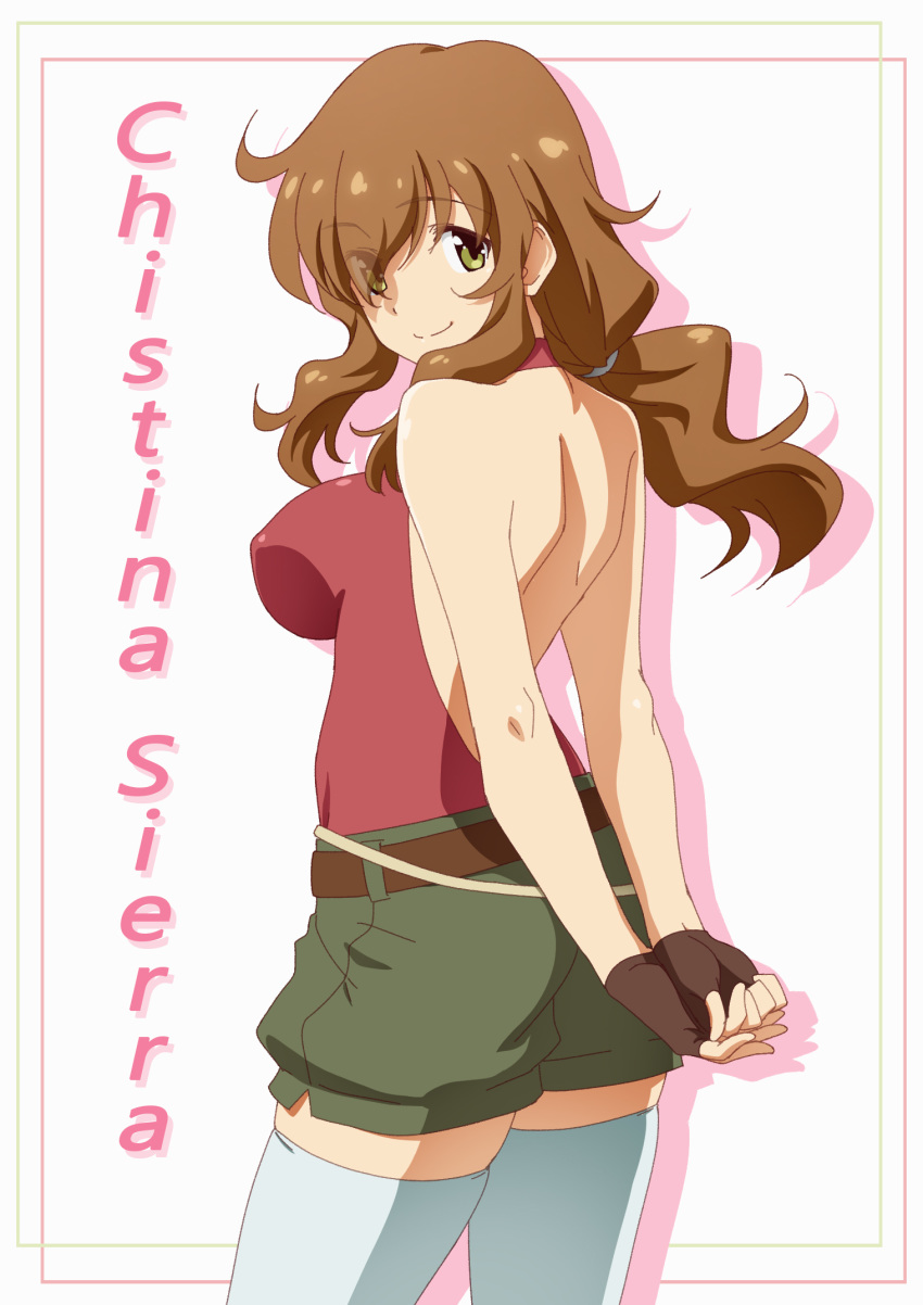 backless_outfit bare_back bare_shoulders belt breasts brown_hair christina_sierra female fingerless_gloves gloves green_eyes gundam gundam_00 highres large_breasts long_hair low_ponytail photoshop_(medium) ponytail shorts sidelocks solo sumisumi_(sumisumi) thighhighs