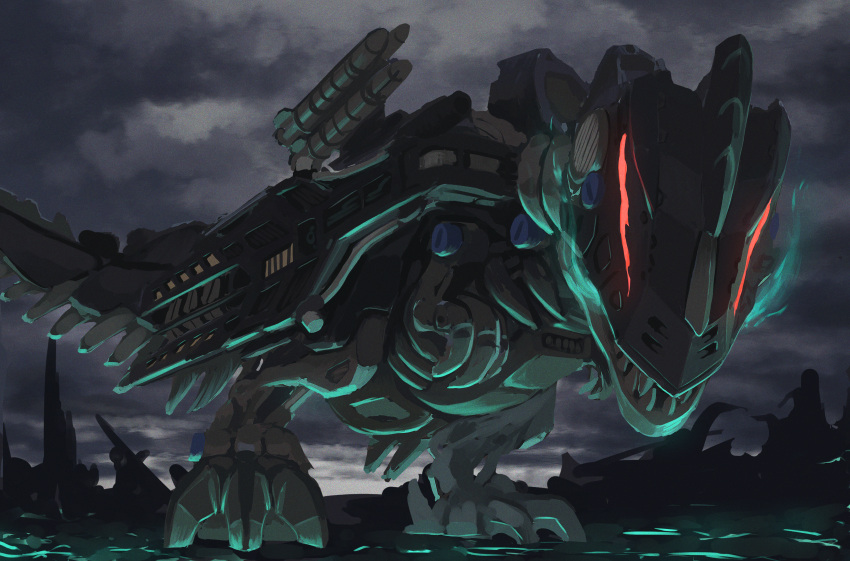 absurdres alkham bad_id bad_pixiv_id dinosaur glowing glowing_eyes highres leaning_forward looking_at_viewer looking_down mecha no_humans non-humanoid_robot omega_rex red_eyes robot robot_animal science_fiction solo zoids zoids_wild zoids_wild_zero