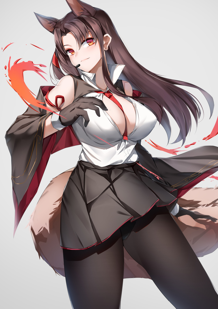 absurdres akagi_(azur_lane) akagi_(muse)_(azur_lane) animal_ears azur_lane bare_shoulders between_breasts black_gloves black_pantyhose blush breasts brown_hair cleavage detached_sleeves female fox_ears fox_girl fox_tail gloves gradient_background highres large_breasts long_hair looking_at_viewer lubikaya multiple_tails necktie necktie_between_breasts pantyhose partially_fingerless_gloves pleated_skirt red_eyes red_necktie shirt skirt smile solo tail white_shirt