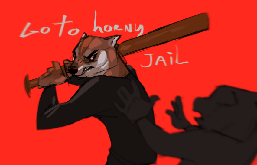 2021 ambiguous_gender anon anthro attack bat_(object) canid canine canis cheems dogelore domestic_dog duo english_text go_to_horny_jail hi_res humor male mammal melee_weapon meme red_background shiba_inu simple_background snarling spitz standing text velow weapon