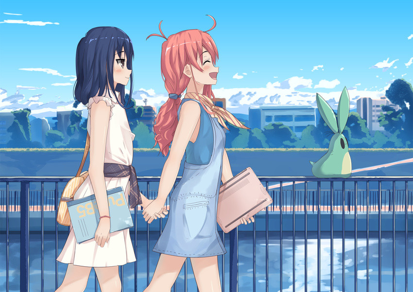 2girls black_hair blush brown_eyes closed_eyes closed_mouth commentary_request day flip_flappers from_side highres holding_hands kokomine_cocona looking_at_another medium_hair multiple_girls open_mouth outdoors papika_(flip_flappers) railing red_hair short_hair smile twintails uexkull walking ynote