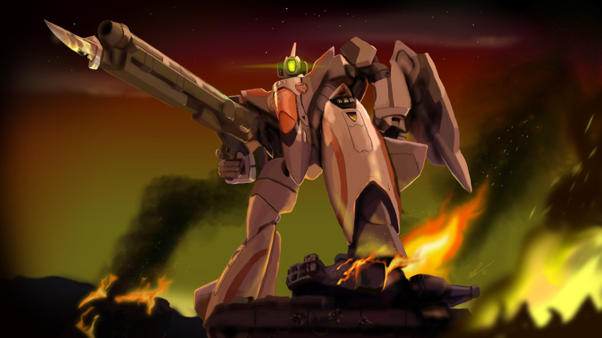 2016 bayonet burning commentary_request damaged dusk falconkpd fire glowing gunpod insignia macross macross_plus macross_vf-x macross_vf-x2 mecha military military_vehicle motor_vehicle realistic reflection robot ruins science_fiction shield signature smoke star_(sky) tank u.n._spacy variable_fighter vf-11 weapon wreckage