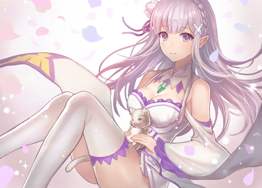 1boy animal breasts cleavage detached_collar dress elf emilia_(re:zero) feline female flower looking_at_viewer lying no_pants pack_(re:zero) pointy_ears re:zero_kara_hajimeru_isekai_seikatsu silver_hair