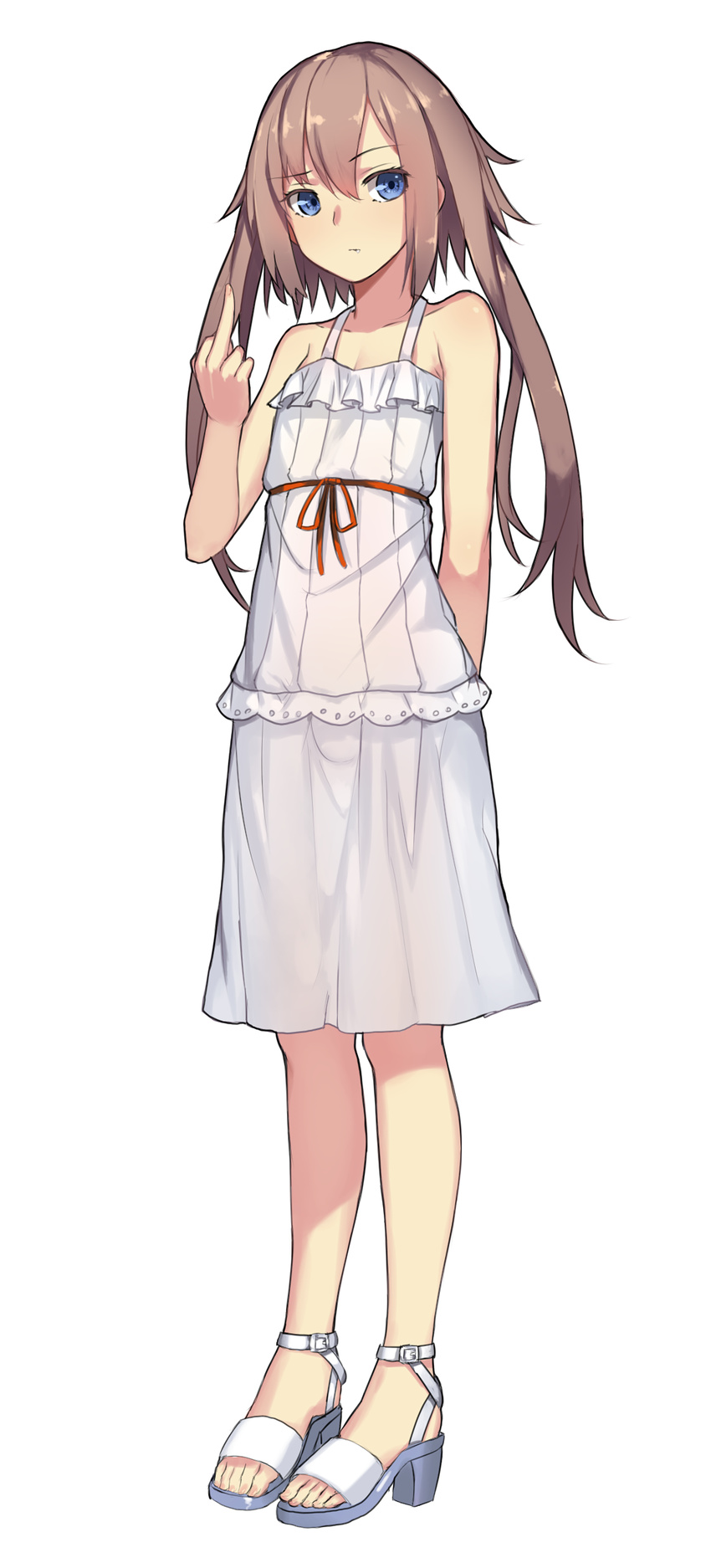 1boy blue_eyes blush brown_hair casual chinese_commentary closed_mouth collarbone commentary_request crossdressing dress full_body high_heels highres long_hair looking_at_viewer male_focus middle_finger musyne_xsk oerba_yun_fang original otoko_no_ko solo twintails white_dress