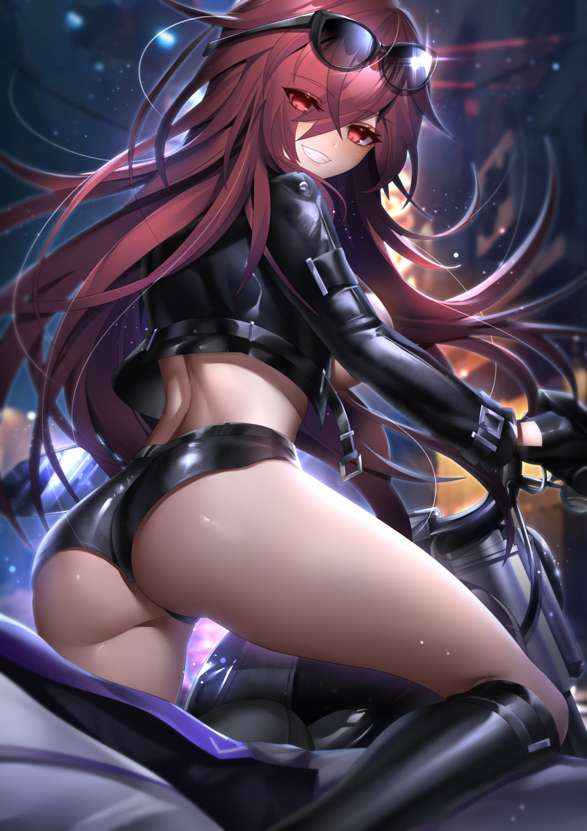 1boy absurdres ass black_gloves blurry blurry_background breasts cropped_jacket elesis_(elsword) elsword eyes_visible_through_hair eyewear_on_head female flame_lord_(elsword) gloves grin highres jacket leather leather_gloves leather_jacket leather_pants long_hair looking_at_viewer looking_back motor_vehicle motorcycle night pants red_eyes red_hair rourou_(been) short_shorts shorts sideboob smile sunglasses teeth